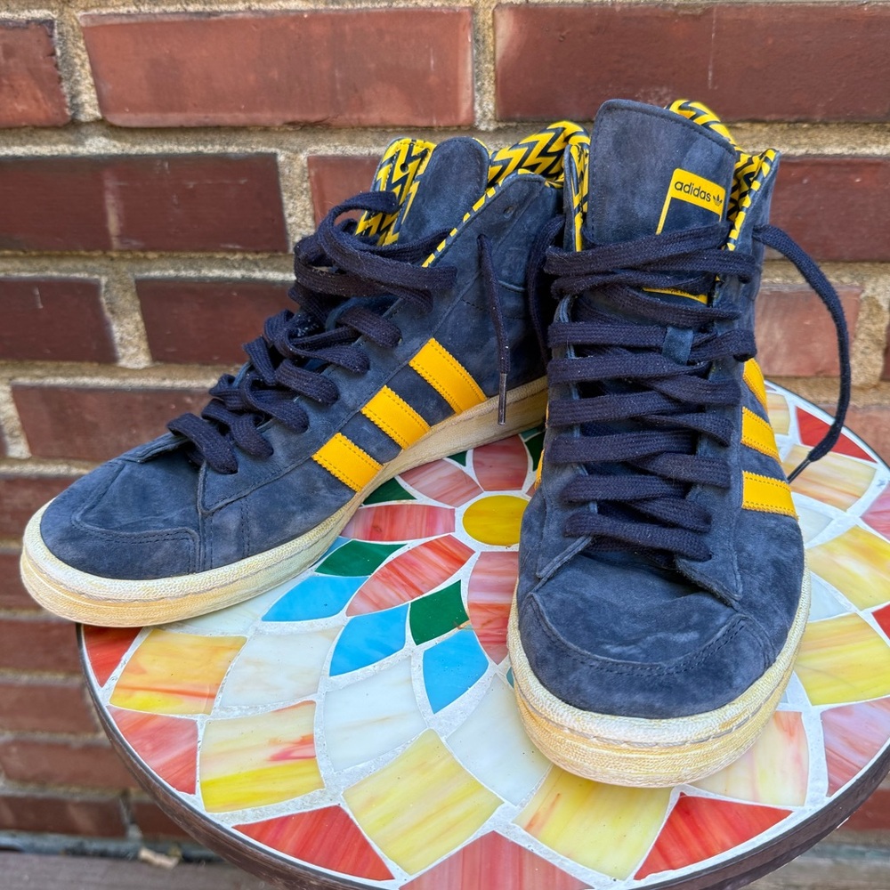 Adidas Men's Blue and Yellow High-Top Suede Sneakers